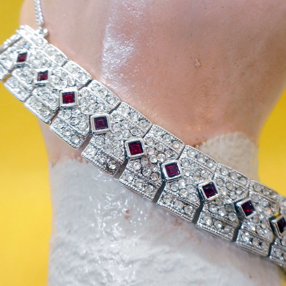 Faux Diamond & Ruby Pave Silvertone Estate Style … - image 1
